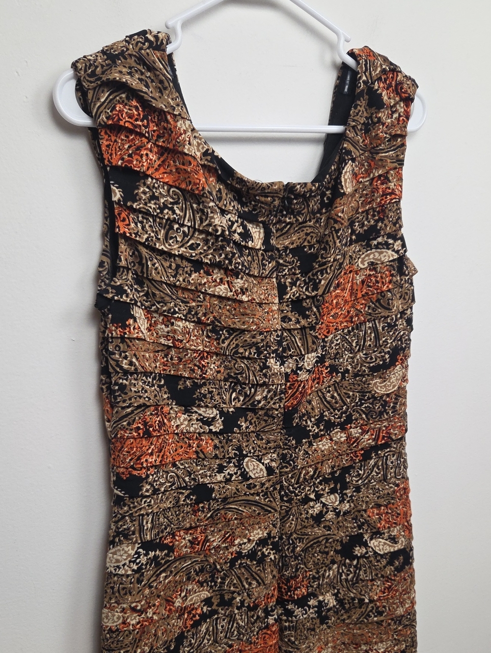 Adrianna Papell Classic Sleeveless Elegant Pleated Midi Dress Paisley Warm Tones - Picture 10 of 13